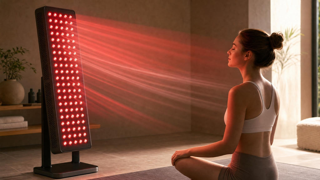 Roodlichttherapie met een moderne LED-panelenopstelling, met subtiele rode en nabij-infrarode lichtstralen voor huid- en spierherstel.