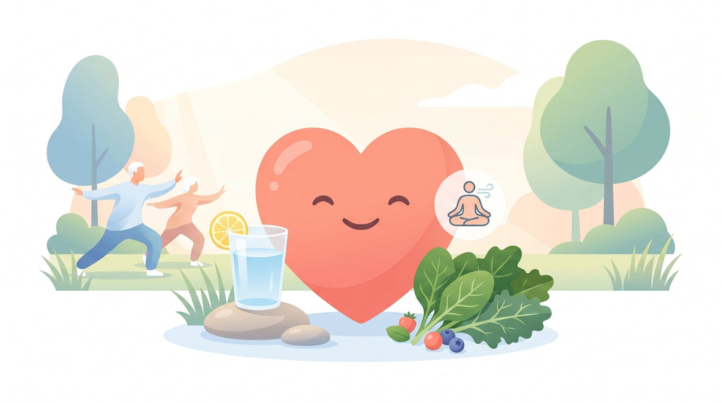 Illustratieve blogheader met een centraal hartfiguurtje en subtiele gezondheidsiconen rond leefstijlmaatregelen om de bloeddruk te verlagen, zonder tekst in de afbeelding.