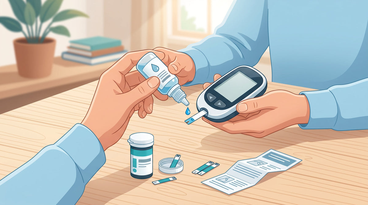 Handen die een glucosemeter gebruiken met teststrip en controlevloeistof, als illustratie bij een blog over het gebruik van controlevloeistof voor een glucosemeter.