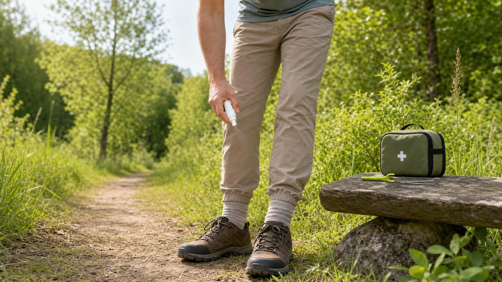 Wandelaar beschermt zich tegen tekenbeten met bedekkende kleding en anti-insectenspray in de natuur