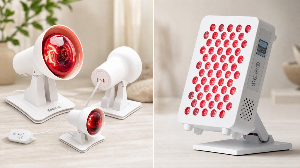 Vergelijking van een infrarood warmtelamp en een LED-roodlichttherapielamp op een lichte achtergrond, als blogheader over het verschil tussen beide toepassingen.