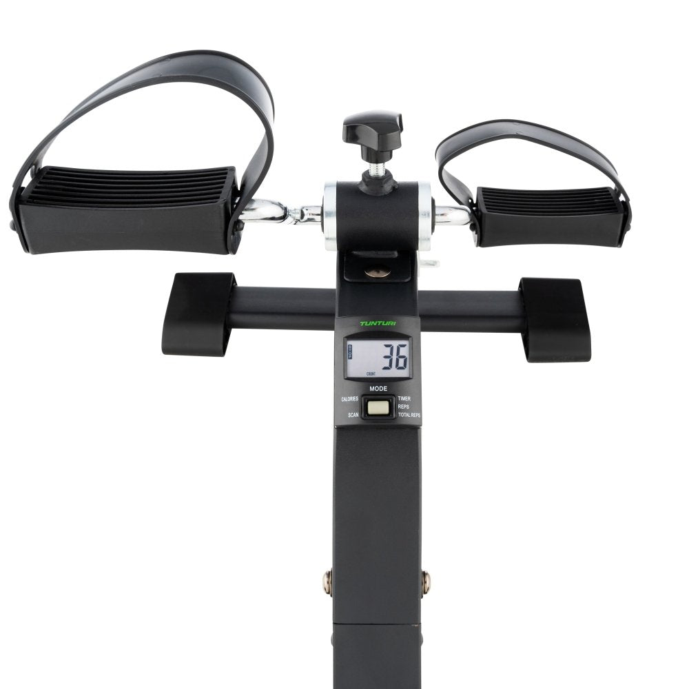 Tunturi Mini Bike Pro bovenaanzicht met display, weerstandsknop en symmetrische pedalen