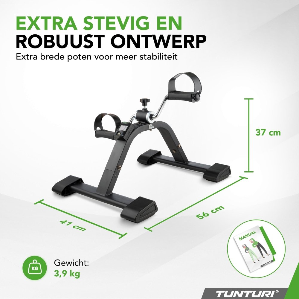 Afmetingen Tunturi Mini Bike Pro: 37x56x41 cm, 3,9 kg met groene meetlijnen