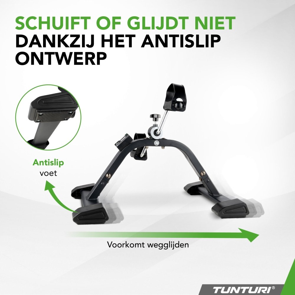 Tunturi Mini Bike Pro zijaanzicht met antislip ontwerp en tekst over wegglijden voorkomen