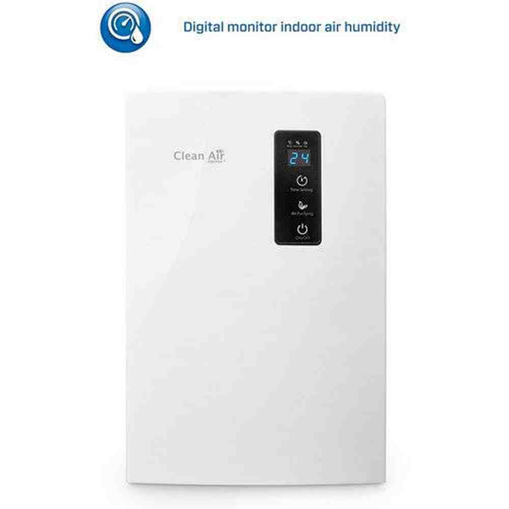 Close-up Clean Air Optima CA-703 witte luchtontvochtiger met digitaal vochtigheidsmonitor