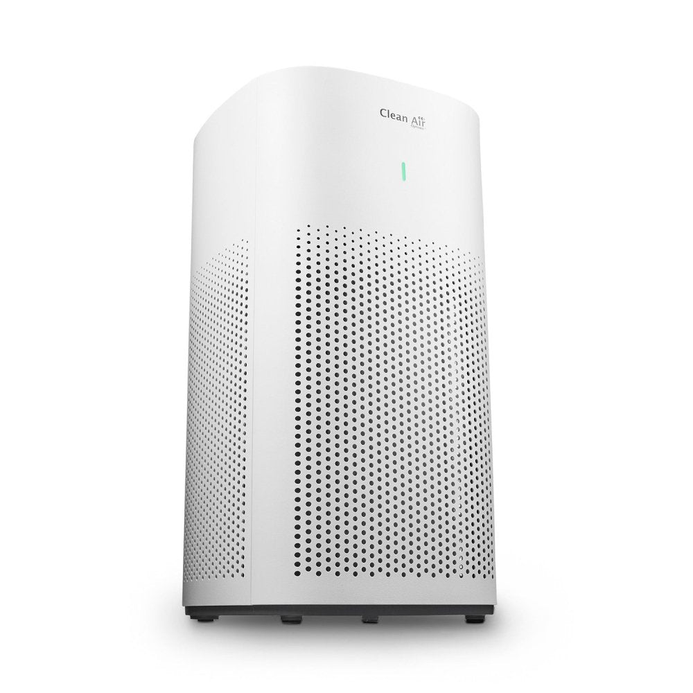 Studioopname witte cilindrische Clean Air Optima luchtreiniger met gatenpatroon