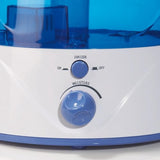 Close-up bedieningspaneel Lanaform Charly luchtbevochtiger: ionizer-knop en instelbare neveluitstoot draaiknop