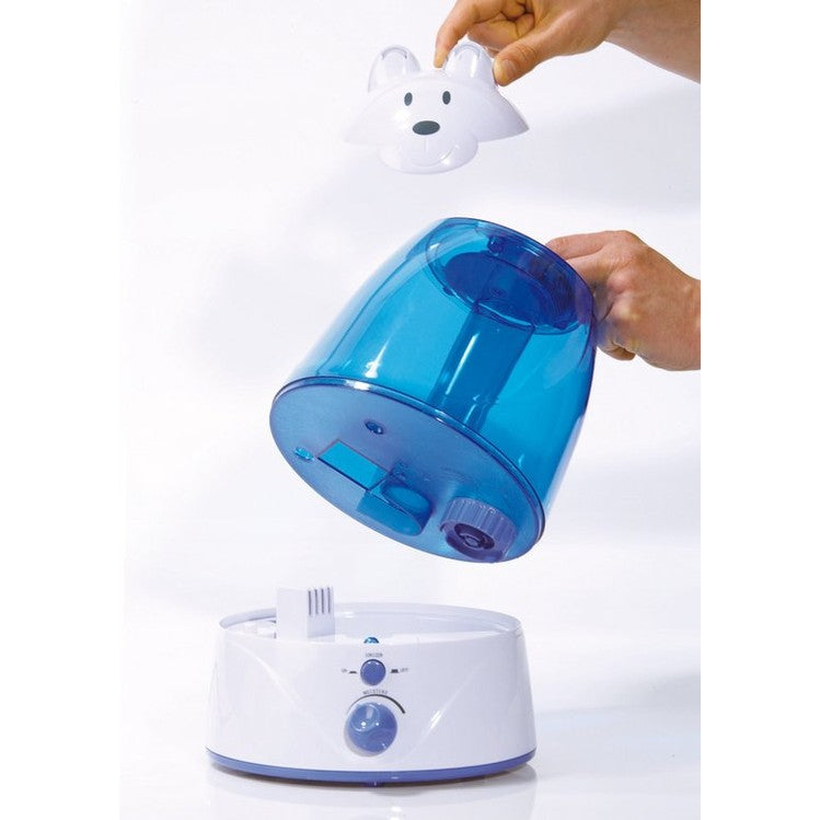 Gedemonteerde Lanaform Charly luchtbevochtiger: witte beerkap, blauw reservoir en interne nevelplaat losgekoppeld