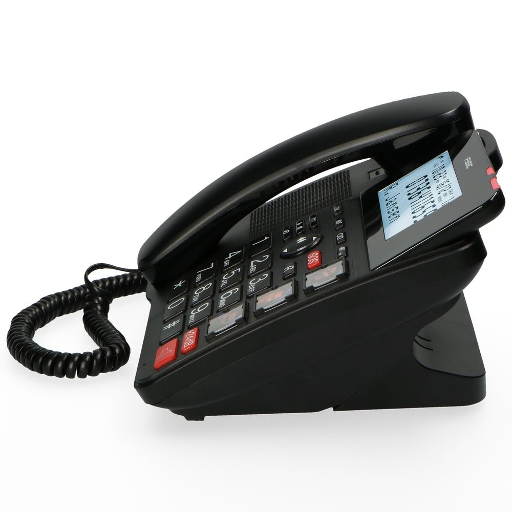 Zijprofiel Fysic FX3960 seniorentelefoon met groot display en rode SOS-knop