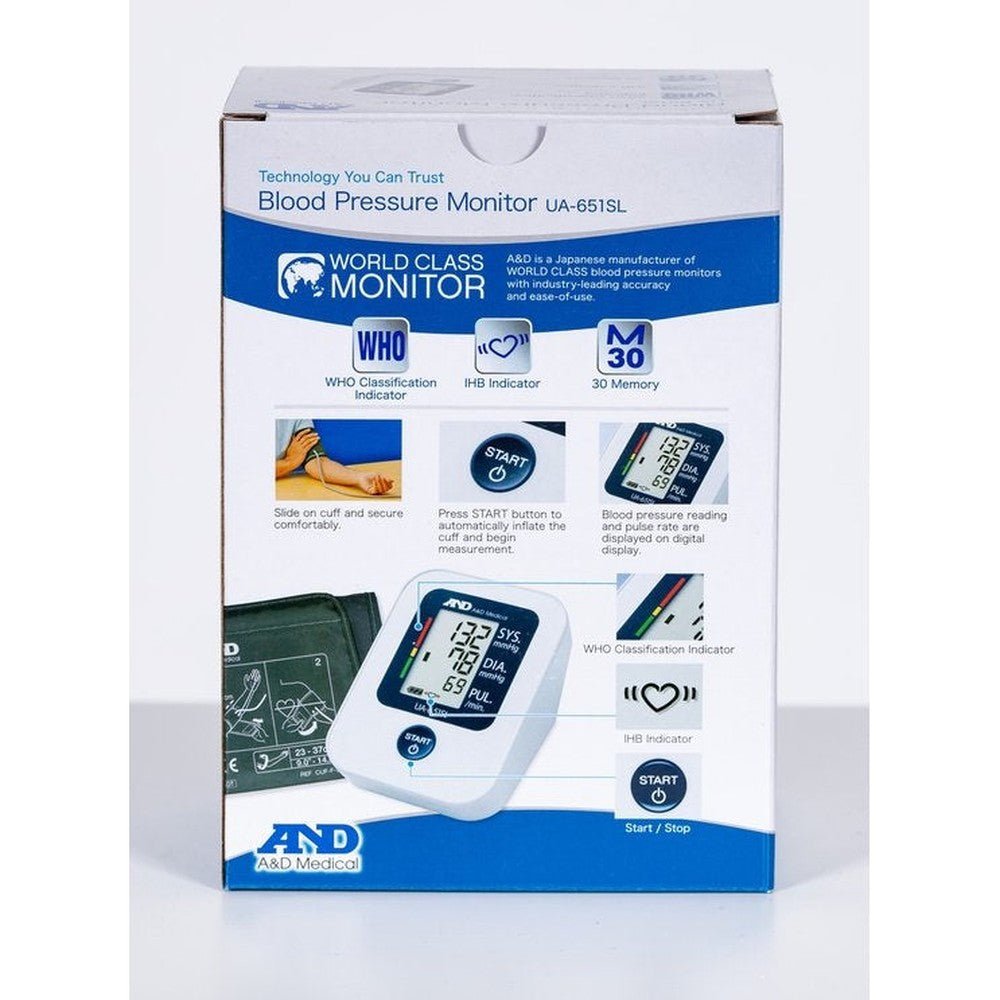 A&D UA-651SL bloeddrukmeter verpakking met WHO-indicator en geheugenfunctie