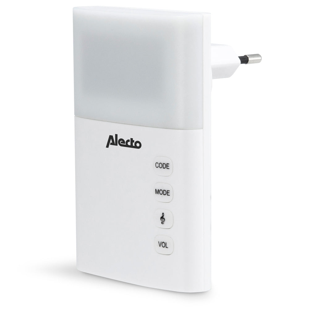 Zijaanzicht Alecto deurbel ontvanger met stekker, lichtpaneel en knoppen voor melodie en volume
