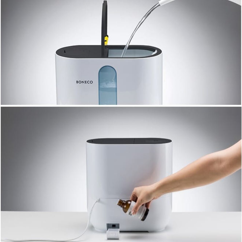 Boneco luchtbevochtiger vullen met water en geurolie toevoegen aroma functie