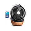 Smart WiFi tafelventilator met houten voet en app-besturing op smartphone