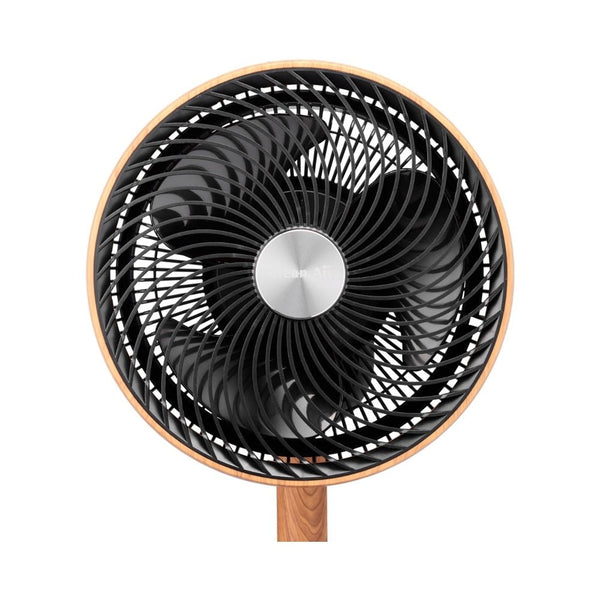 Bovenaanzicht ventilatorbladkap met zilverkleurig logo en houten rand