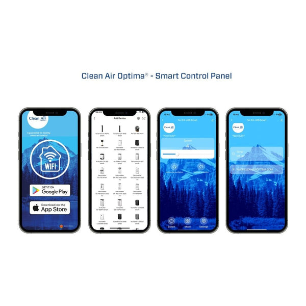 Smart app interface voor Clean Air Optima ventilator op meerdere smartphones