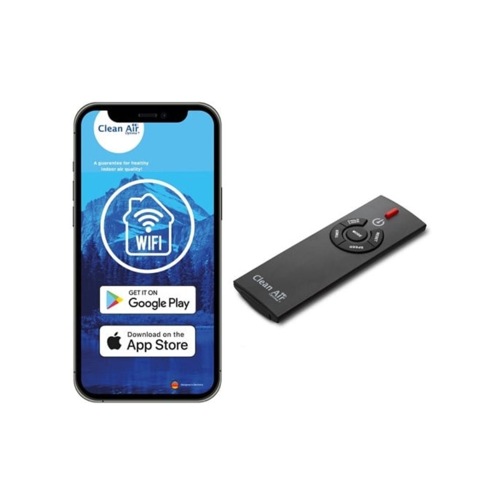 Zwarte afstandsbediening Clean Air Optima naast smartphone met Smart Control Panel app