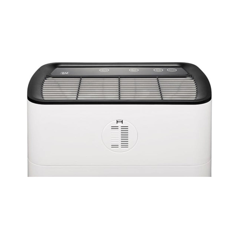 Close-up bovenkant Clean Air Optima luchtreiniger met ventilatiegaten en WiFi-logo