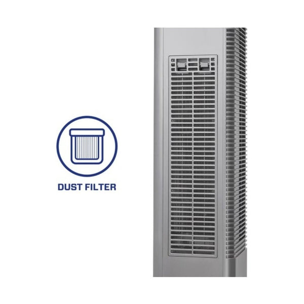 Zijzicht Clean Air Optima ventilatorkachel met horizontaal rooster en stoffilter