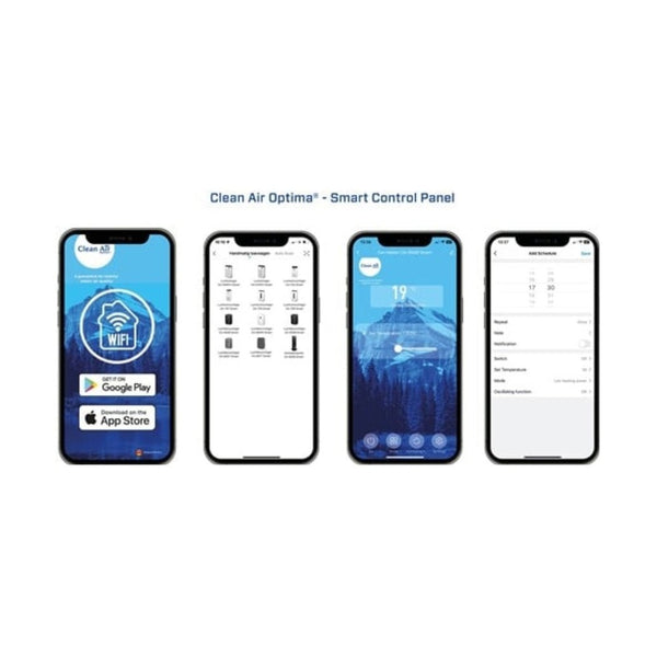 Clean Air Optima Smart Control Panel app scherm met temperatuur en oscillatie instellingen