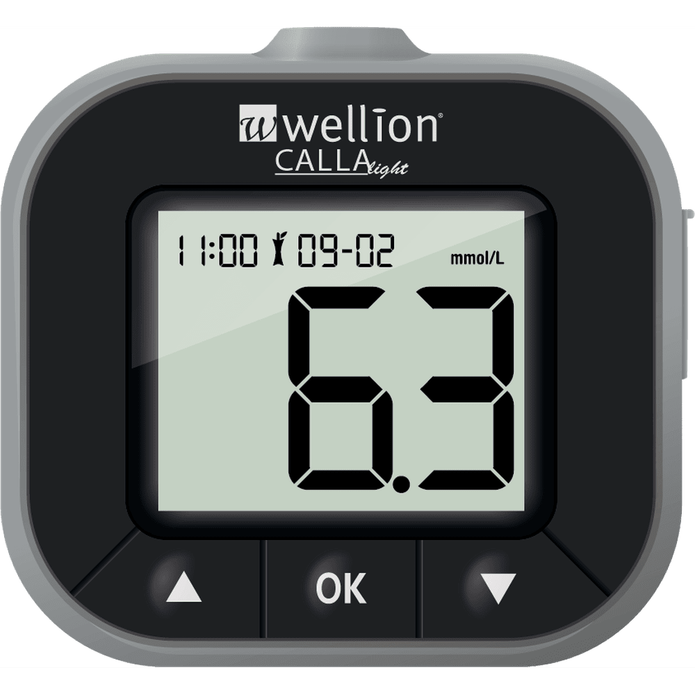 Close-up zwarte Wellion Calla Light glucosemeter met groot scherm en knoppen