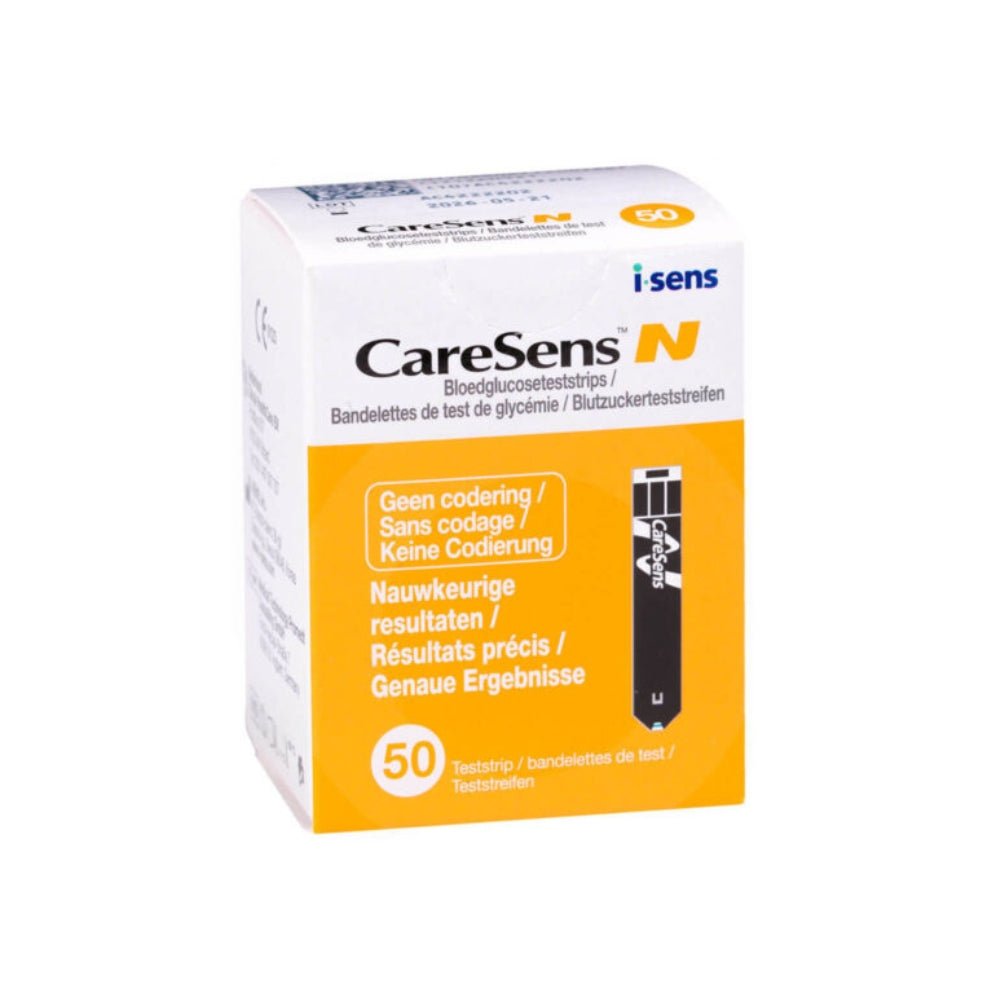 CareSens N glucose teststrips verpakking van 50 stuks met automatische codering