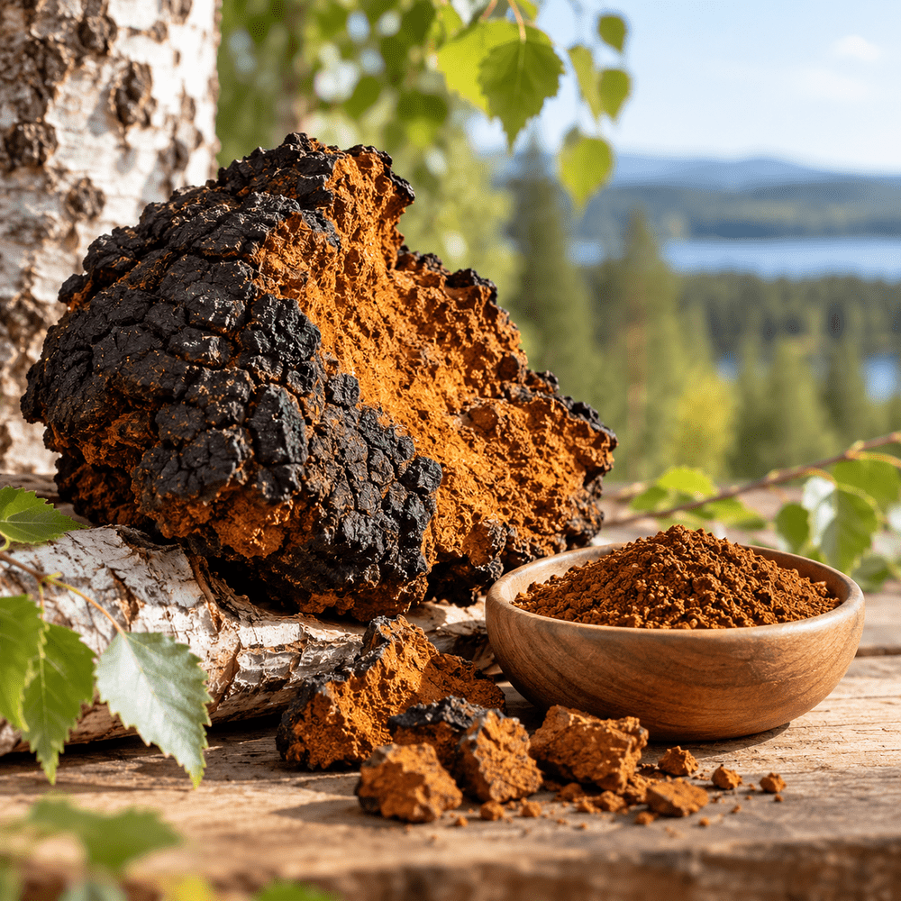 Verse Chaga-paddenstoel op berkenhout naast roodbruin poeder in houten kommetje
