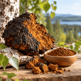 Verse Chaga-paddenstoel op berkenhout naast roodbruin poeder in houten kommetje