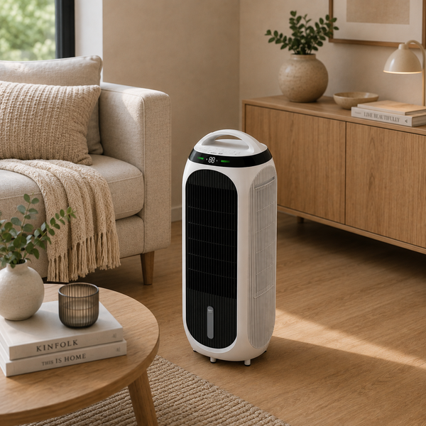 Clean Air Optima CA-106 zwarte luchtkoeler in woonkamer