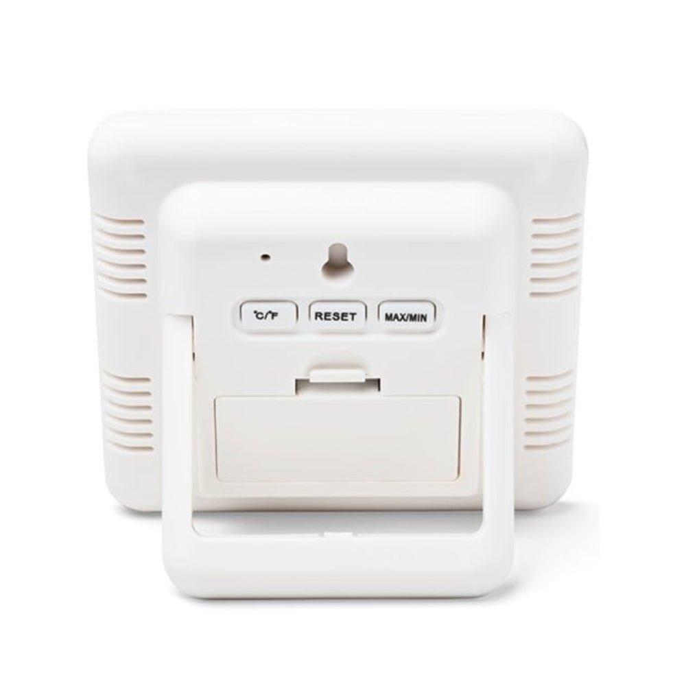 Achterkant witte hygrometer met batterijcompartiment en instelknoppen