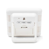 Achterkant witte hygrometer met batterijcompartiment en instelknoppen