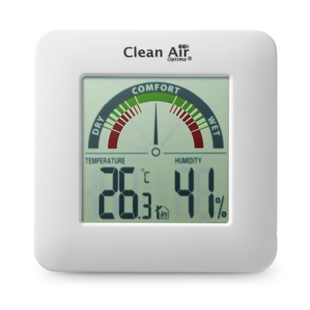 Witte Clean Air Optima hygrometer met LCD-scherm en luchtvochtigheidsindicator