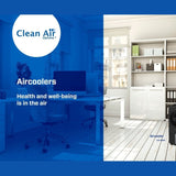 Clean Air Optima zwarte luchtkoeler in modern kantoor met 360° oscillatie