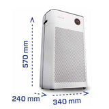 Clean Air Optima luchtreiniger met afmetingen aangegeven: 570x340x240 mm