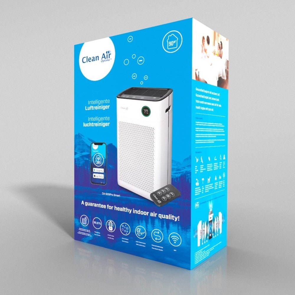 Clean Air Optima CA-509Pro Smart luchtreiniger in wit met digitale display en verpakking voor ruimtes tot 90m²