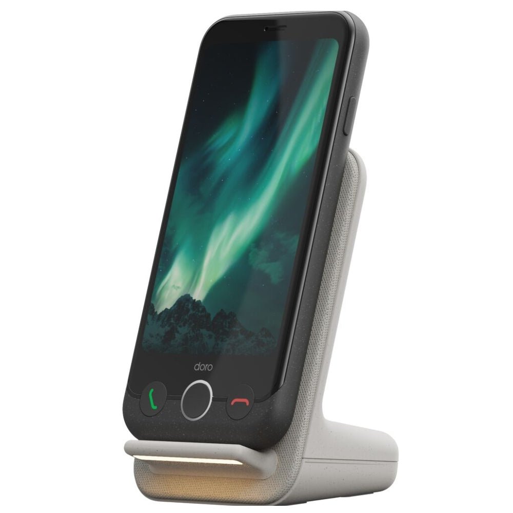 Zwarte Doro Aurora A10 seniorentelefoon met 4,5 inch HD-scherm en fysieke noodknop