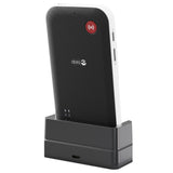 Achterkant Doro Leva X10 witte telefoon met rode noodknop en ventilatieopeningen
