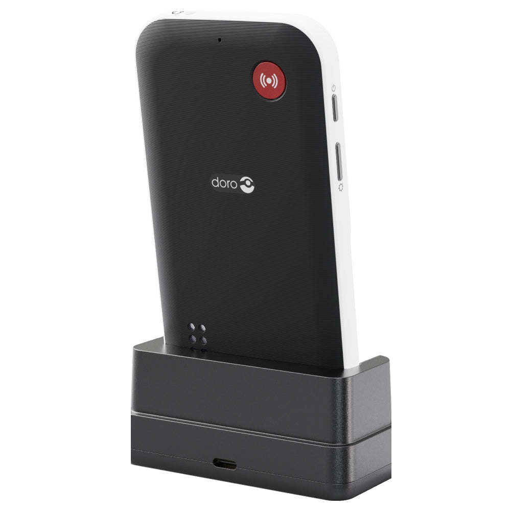 Achterkant Doro Leva X10 witte telefoon met rode noodknop en ventilatieopeningen