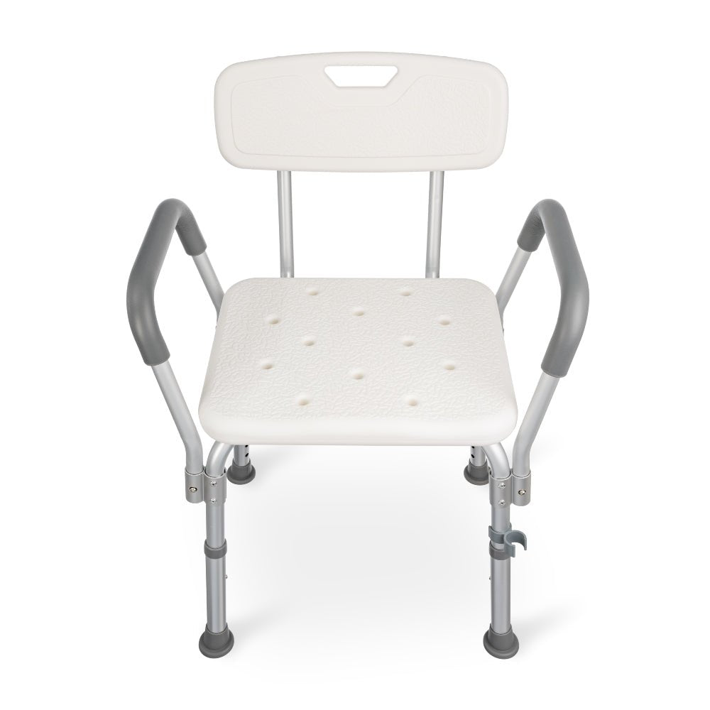 Witte Timago douchestoel met rugleuning en grijze armleuningen op aluminium frame