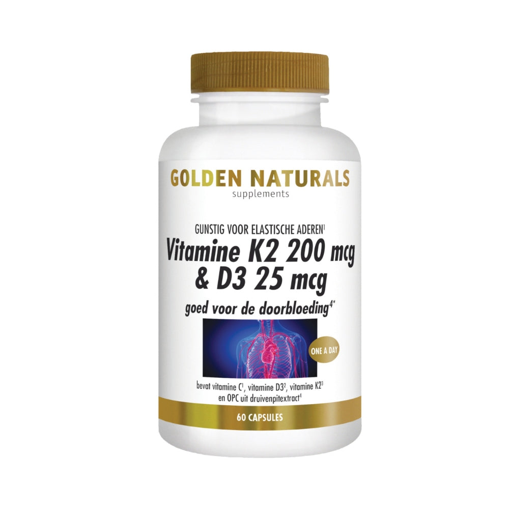 Golden Naturals Vitamine K2 MK-7 en D3 supplementenpot met hartillustratie