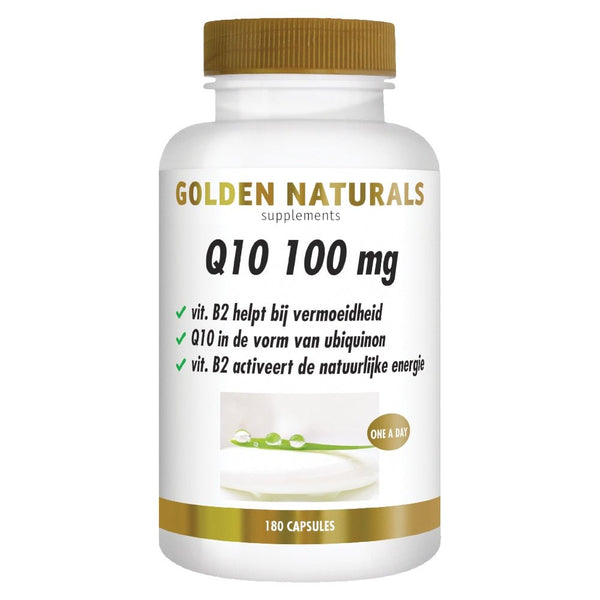 Golden Naturals Q10 100 mg supplement fles met 180 capsules en vitamine B2 tegen vermoeidheid