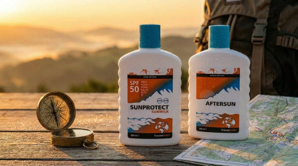 TravelSafe zonnebrandcrème SPF 50 en aftersun op houten tafel met kompas en kaart