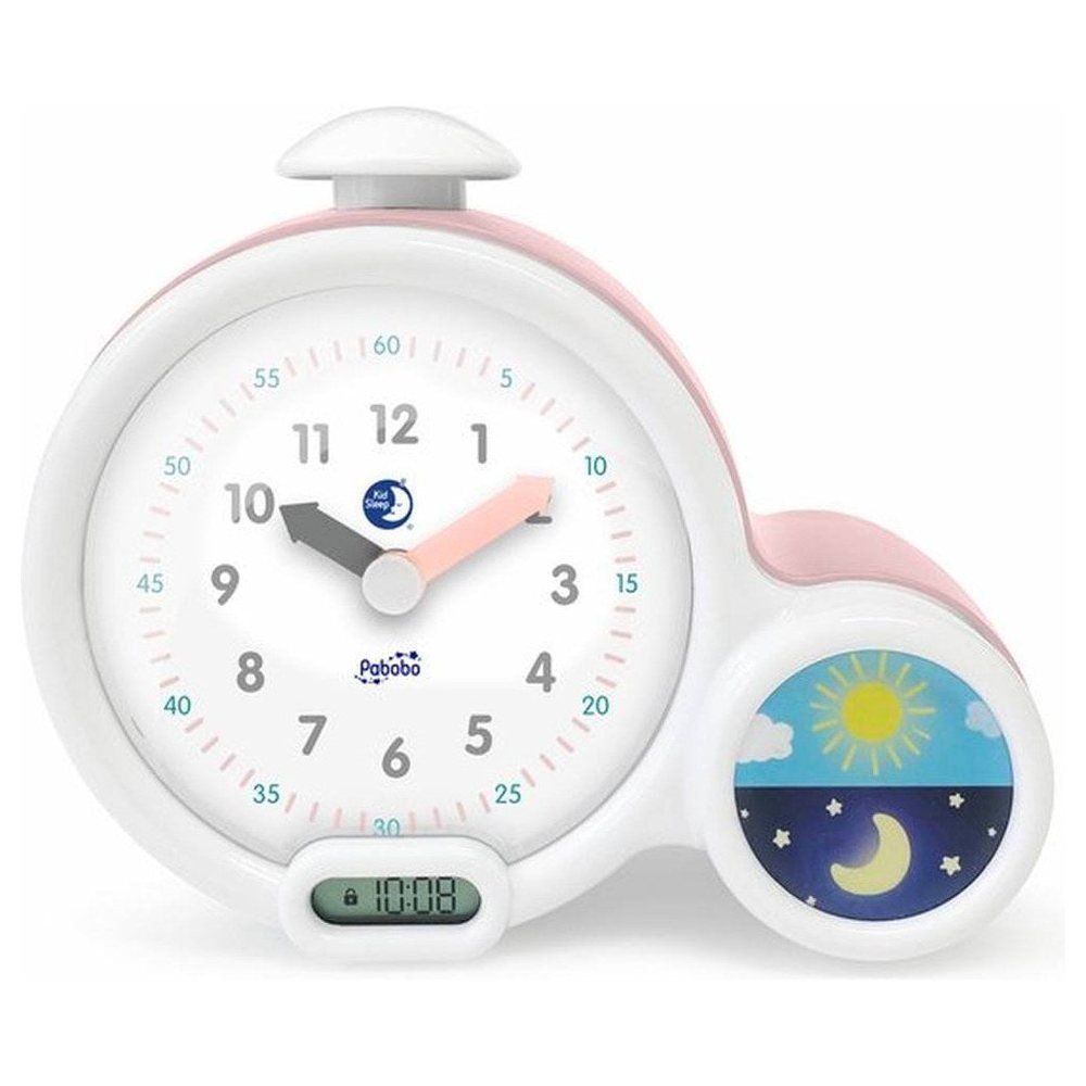 Roze witte Kid'Sleep kinderwekker met dag-nacht symbool en digitale display