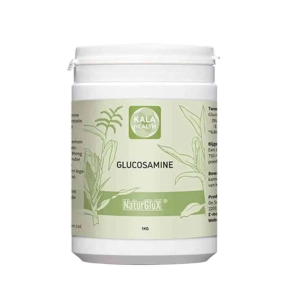 Kala Health Glucosamine HCl poeder 1kg plantaardig supplement in verpakking