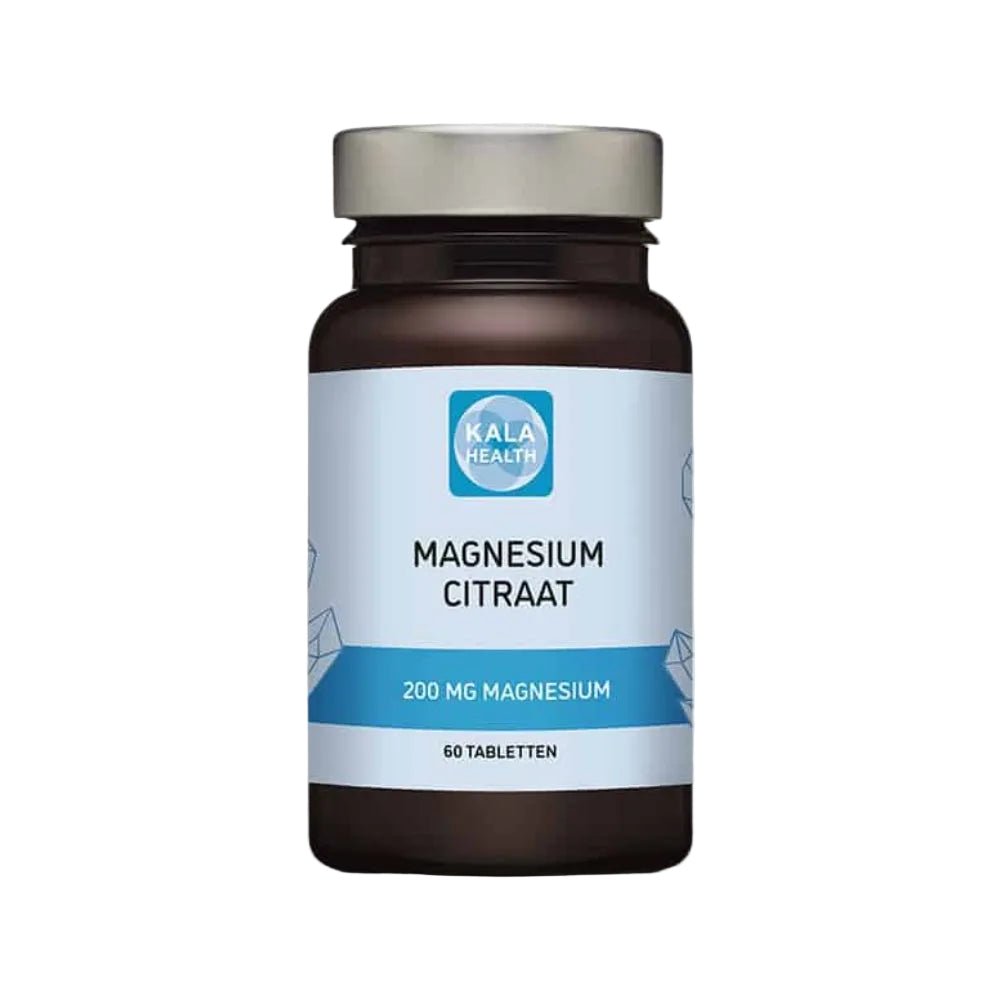 Kala Health magnesium citraat tabletten 200 mg in bruine glazen fles met 60 stuks