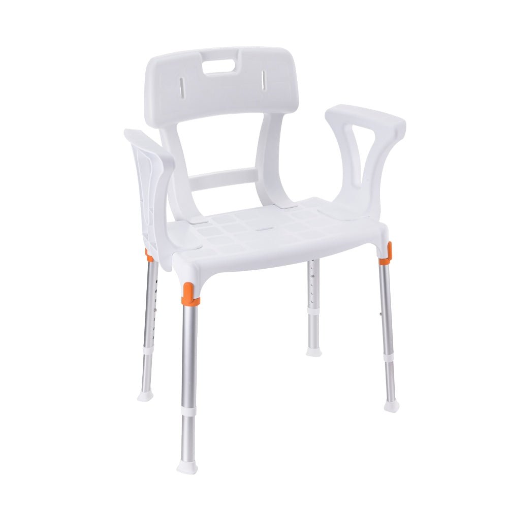 Witte douchestoel met rug- en armleuningen, aluminium frame en verstelbare poten