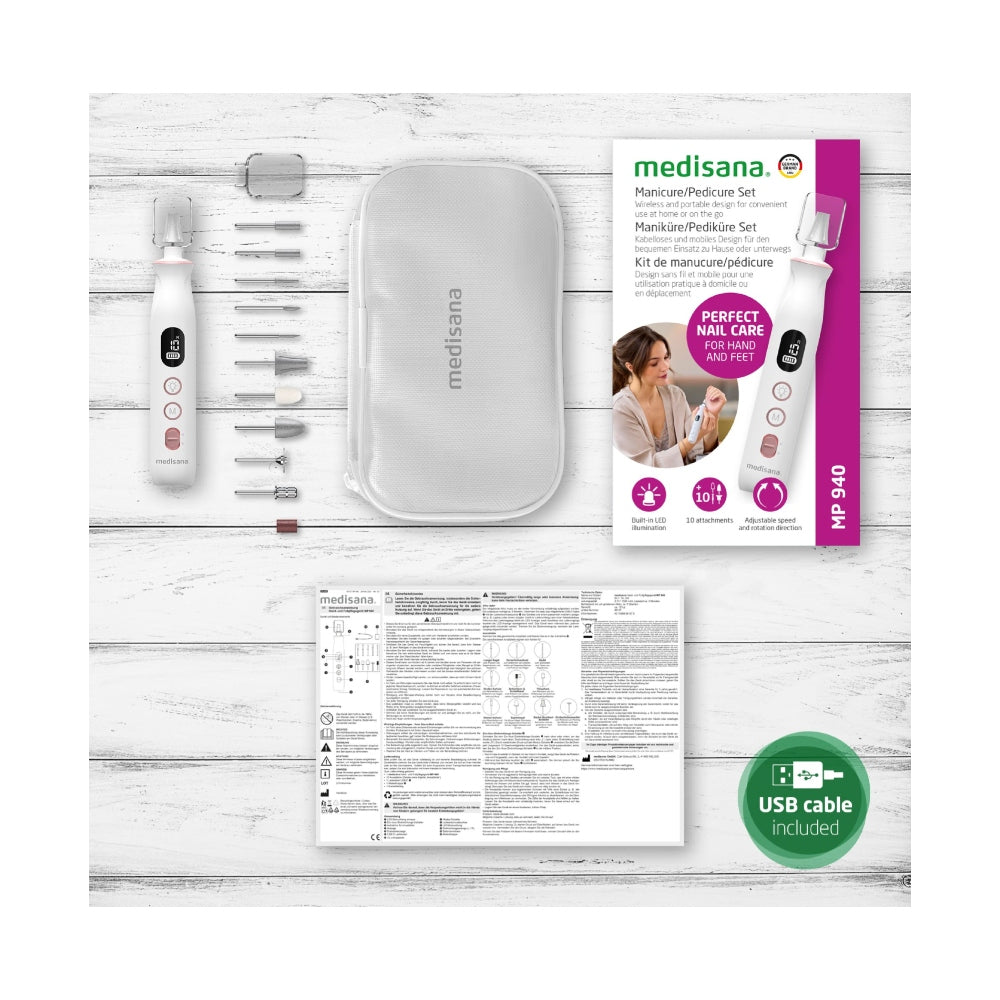 Complete Medisana MP 940 set inclusief transparante opbergcase, handleiding en USB-C oplader