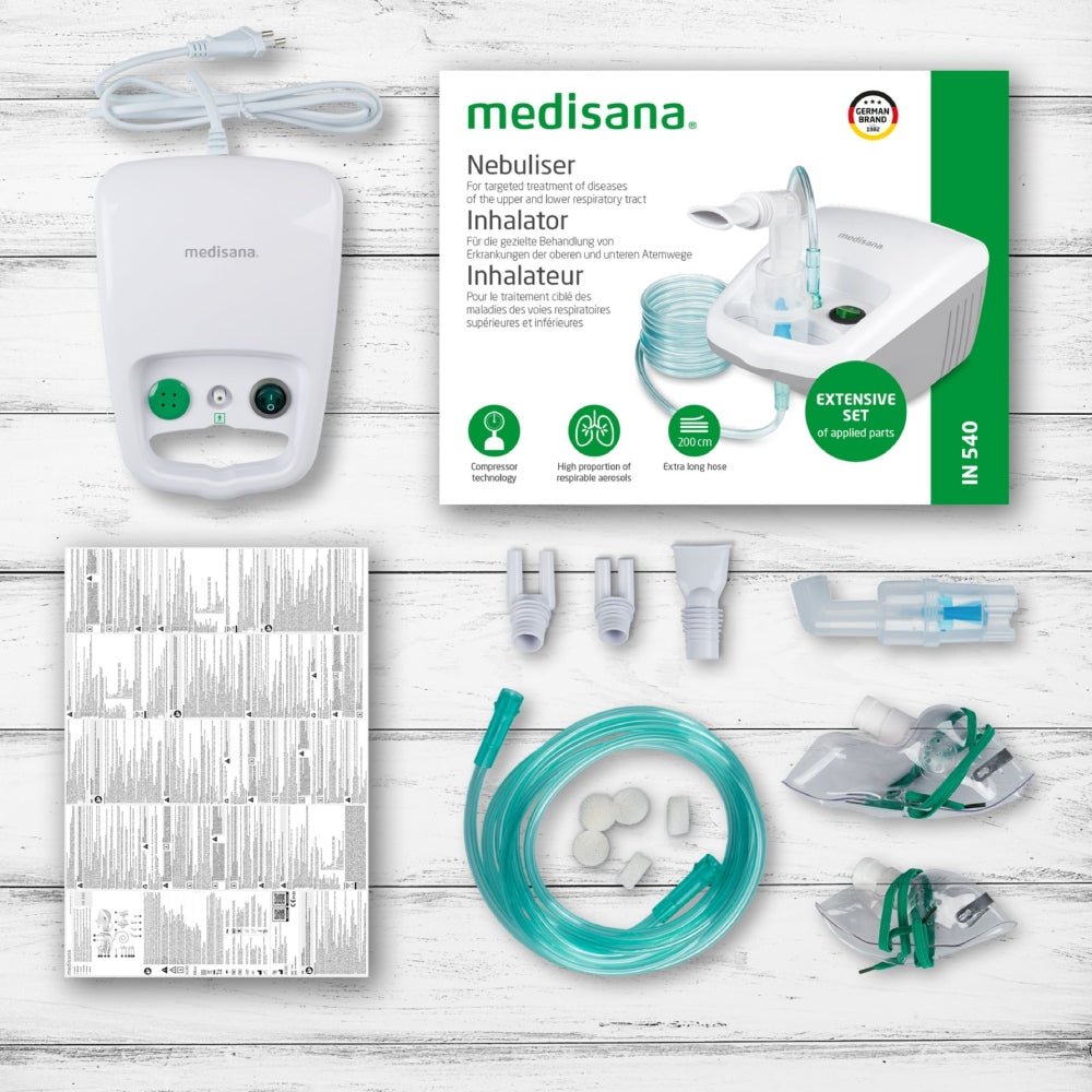 Medisana IN 540 compacte inhalator set met verpakking, 2 meter slang en alle maskers