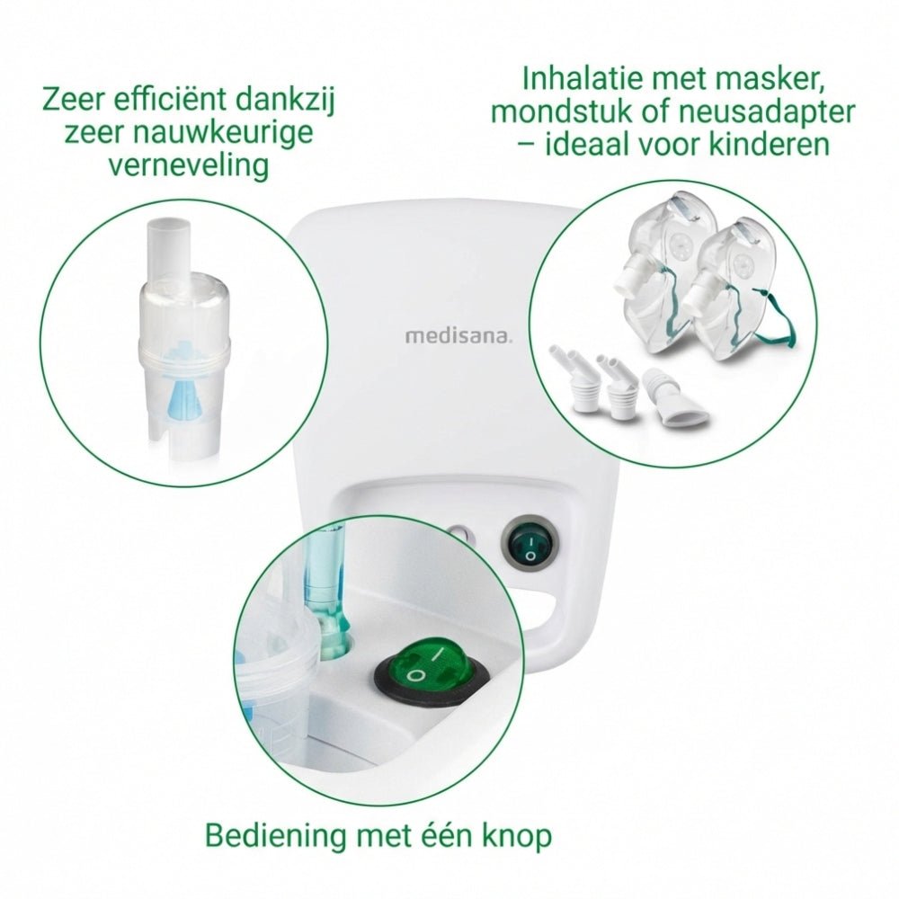 Witte Medisana IN 540 inhalator met close-up van reservoir, bedieningspaneel en accessoires
