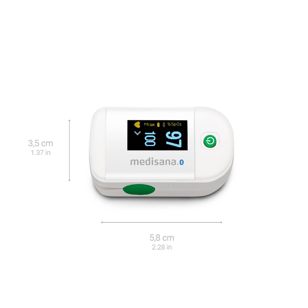 Medisana saturatiemeter met afmetingen en specificaties OLED-display