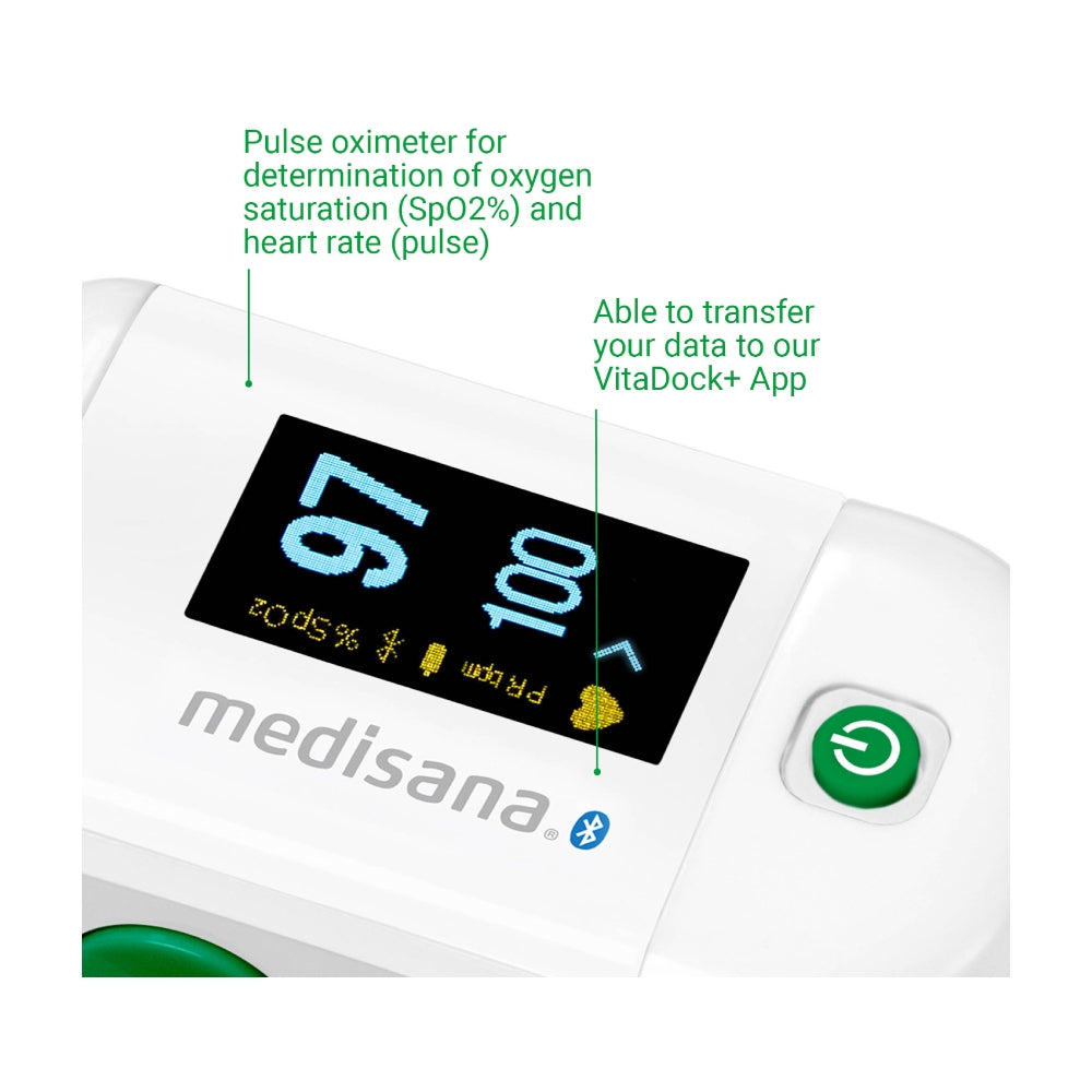 OLED-display van Medisana saturatiemeter toont zuurstof en hartslagwaarden